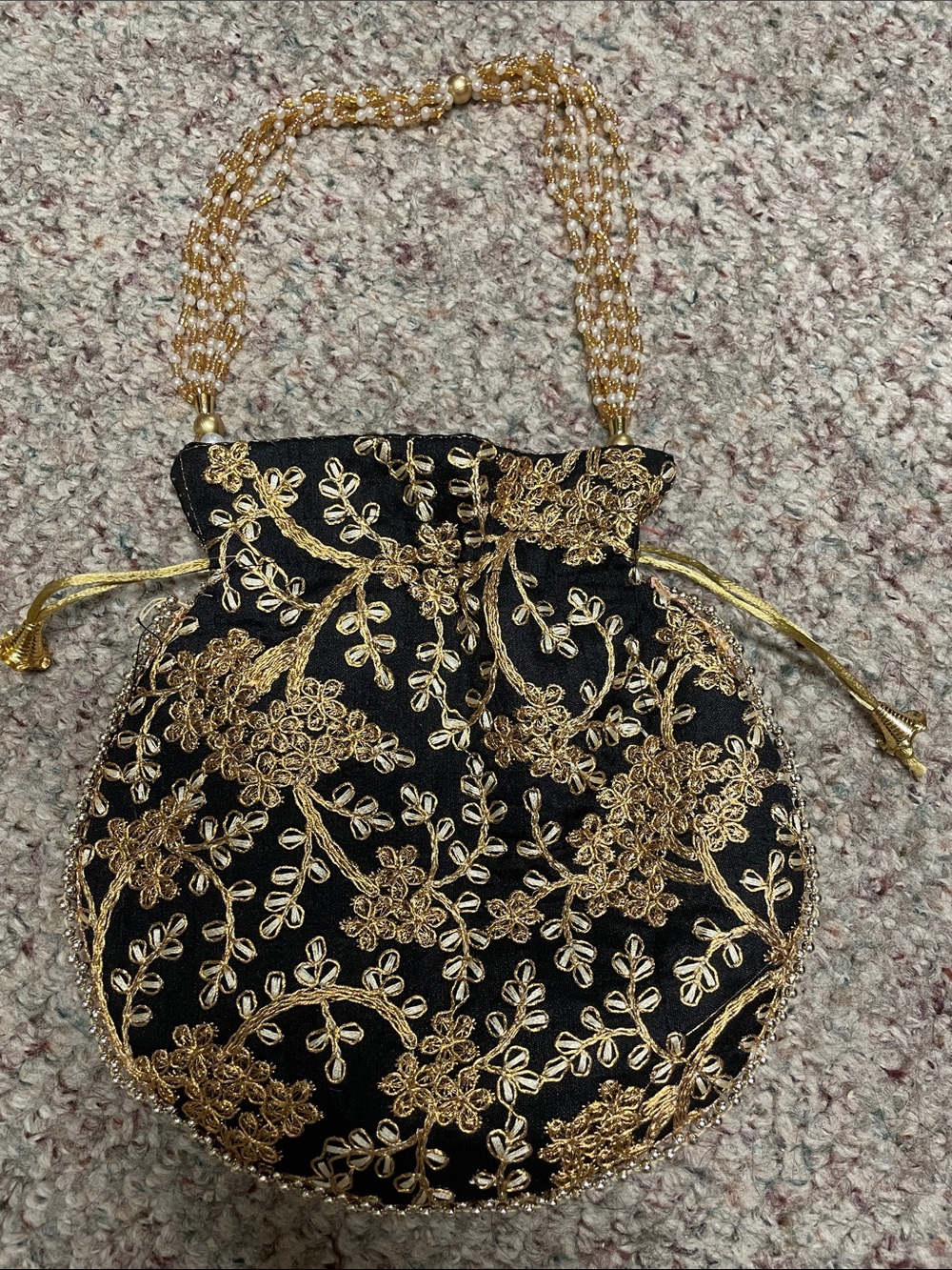 Beaded handle Elegant Black and Gold Embroidered Drawstring Bag- new